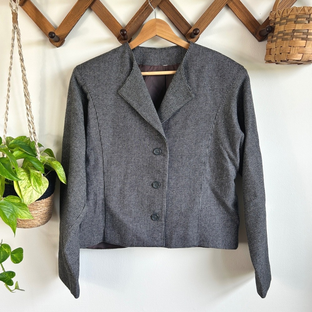 Vintage Peabody House Vintage Grey Micro Check Wool Blend Cropped Blazer Jacket